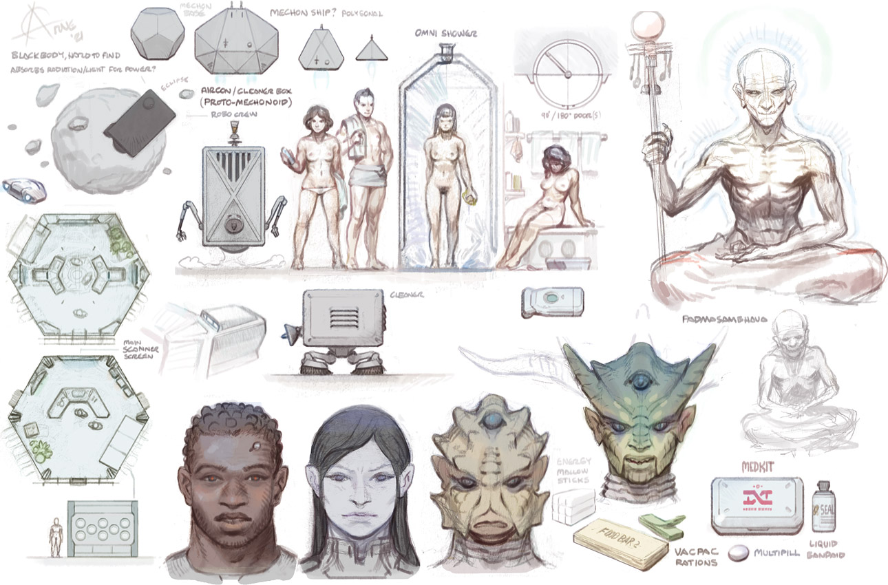 Mechonoid ships, Maintenance and cleaning robots, Showers, old man Padmasambhava, Not-TARDIS control room variants, Trimmer portraits, Silurians, Food rations, Medical kit.