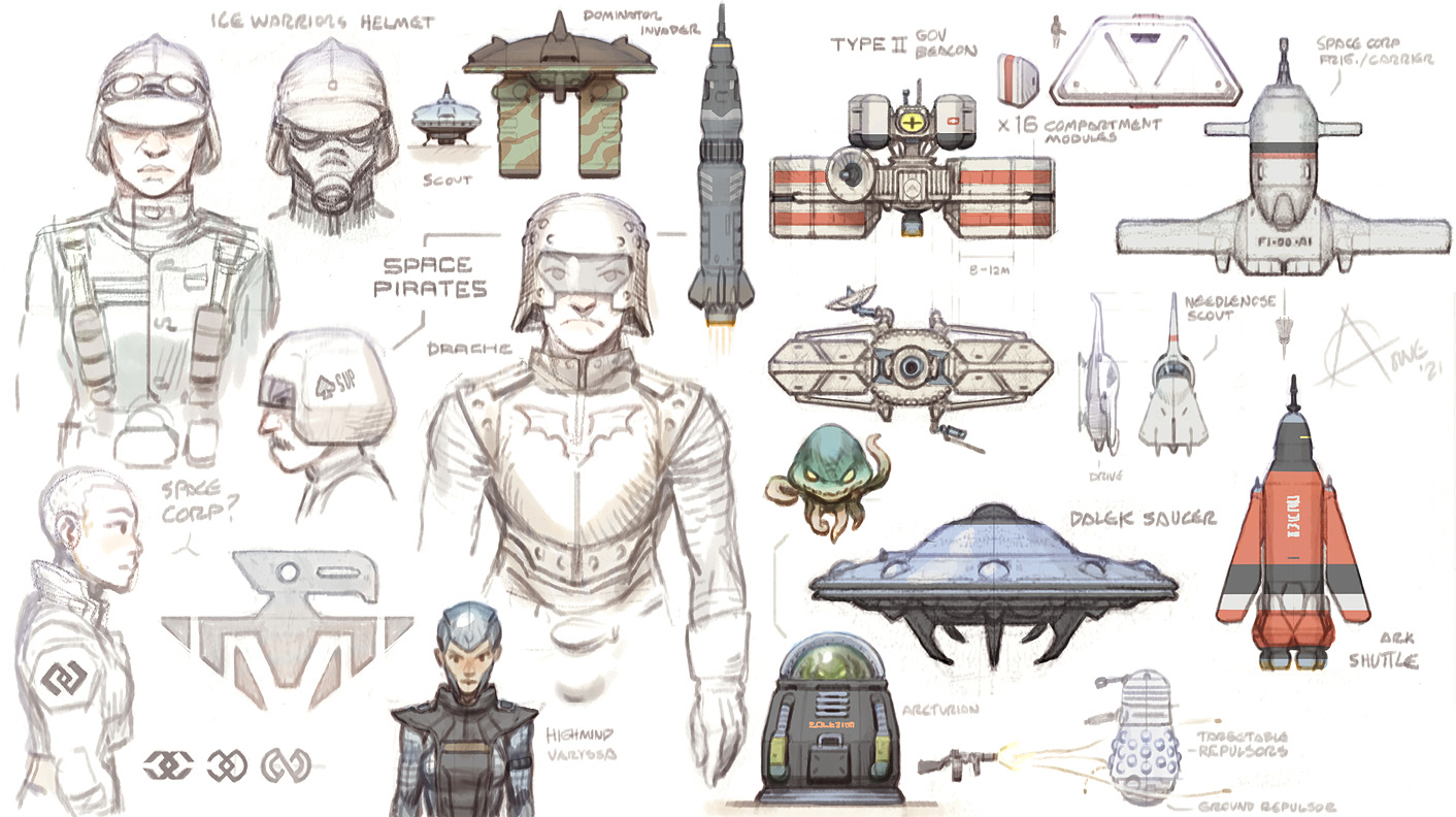 Uniforms, Space Pirates, Dominator ship, Pirate ship, Government Beacon, Space Corp ship, Shuttle, Dalek ship, Arcturian, Dalek repulsor field.
